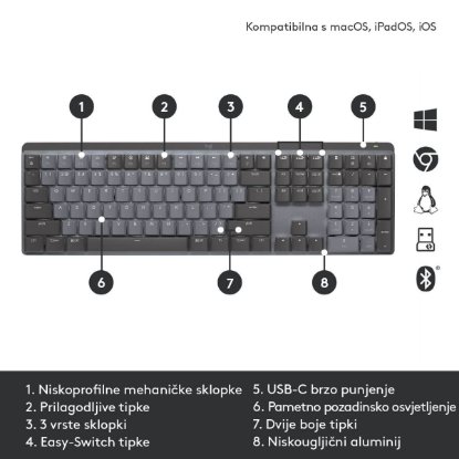 Tipkovnica LOGITECH MX Mechanical Tactile Quiet, bežična, BT, crna