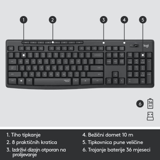 Tipkovnica + miš LOGITECH MK295 Silent Wireless Combo, bežična, crna, USB
