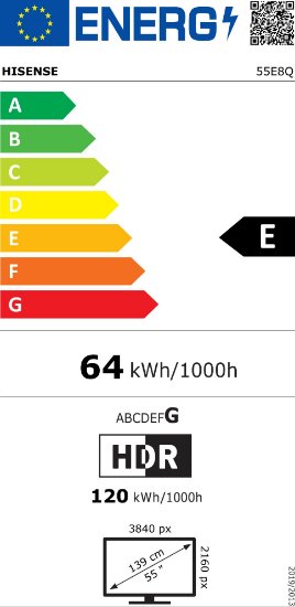 Mini-LED TV 55" HISENSE 55E8Q, Smart TV, 4K UHD, DVB-T2/C/S2, USB, Wi-Fi, BT, crni - energetski razred E