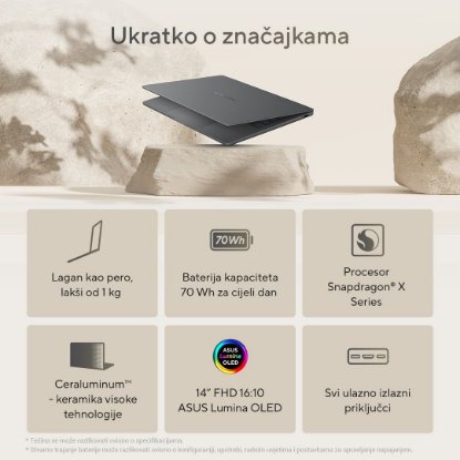 Laptop ASUS Zenbook 14 UX3407RA-QD026X / Snapdragon Elite X1E 78 100, 32GB, 1TB SSD, Qualcomm Adreno, 14" WUXGA OLED, Windows 11 Pro, sivi