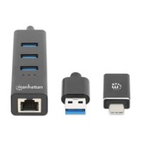 USB HUB MANHATTAN, 3-portni USB 3.0, G-LAN, USB-C adapter, crni