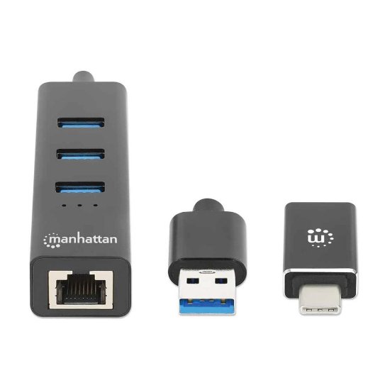 USB HUB MANHATTAN, 3-portni USB 3.0, G-LAN, USB-C adapter, crni