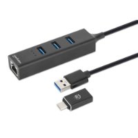 USB HUB MANHATTAN, 3-portni USB 3.0, G-LAN, USB-C adapter, crni