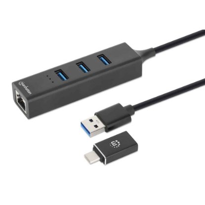 USB HUB MANHATTAN, 3-portni USB 3.0, G-LAN, USB-C adapter, crni