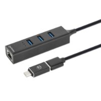 USB HUB MANHATTAN, 3-portni USB 3.0, G-LAN, USB-C adapter, crni
