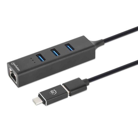 USB HUB MANHATTAN, 3-portni USB 3.0, G-LAN, USB-C adapter, crni