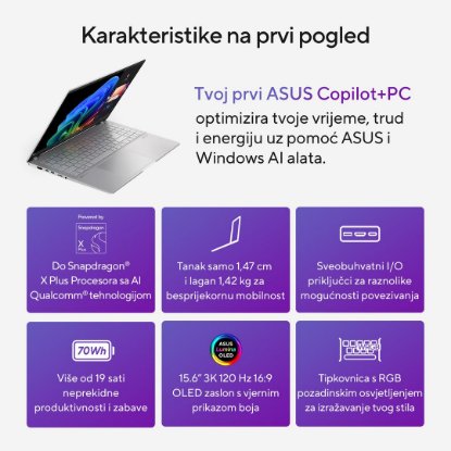 Laptop ASUS VivoBook S 15 OLED S5507QA-MA056W / Snapdragon X Elite X1E 78 100, 32GB, 1TB SSD, Qualcomm Adreno, 15.6" 2880x1620 120Hz OLED, Windows 11 Home, srebrni