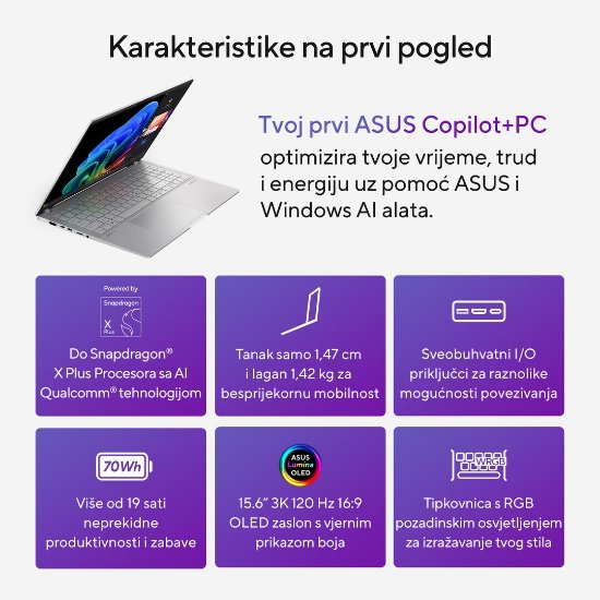 Laptop ASUS VivoBook S 15 OLED S5507QA-MA056W / Snapdragon X Elite X1E 78 100, 32GB, 1TB SSD, Qualcomm Adreno, 15.6" 2880x1620 120Hz OLED, Windows 11 Home, srebrni