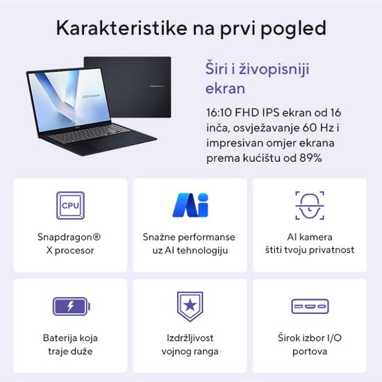 Laptop ASUS VivoBook 16 X1607QA-MB005W / Snapdragon Purwa SE, 16GB, 512GB SSD, Qualcomm Adreno, 16" WUXGA IPS, Windows 11, plavi