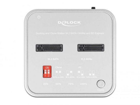 Docking station DELOCK 1 x M.2 NVMe SSD + 1 x M.2 SATA SSD with SD Express (SD 7.1) Card Reader and clone function