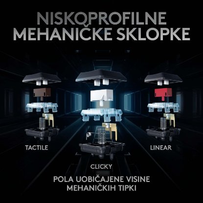 Tipkovnica LOGITECH Gaming G915 TKL Tenkeyless Lightspeed Linear, RGB, mehanička, bežična, UK Layout, USB, crna