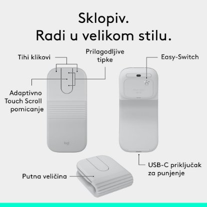 Miš LOGITECH Mobi Fold, bežični, bijeli