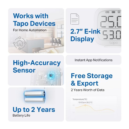 Senzor za temperaturu i vlažnost TP-LINK Tapo T315, zaslon, Tapo App, notifikacije