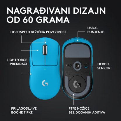 Miš LOGITECH Pro X Superlight 2, bežični, optički, 32000dpi, plavi, USB