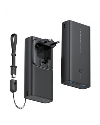 Mobilni USB punjač VEGER ACE100, 10000 mAh, ugrađena EU utičnica, crni