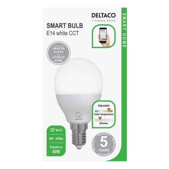 Pametna LED žarulja DELTACO SH-LE14G45W, E14, G45, prigušivanje, bijelo svjetlo, WiFi, 5W