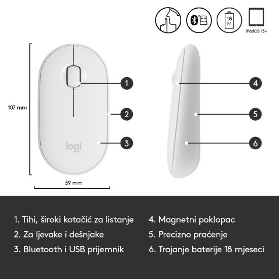 Miš LOGITECH M350 Pebble, optički, bežični, bijeli, USB