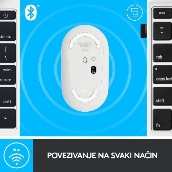 Miš LOGITECH M350 Pebble, optički, bežični, bijeli, USB