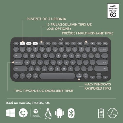 Tipkovnica LOGITECH Pebble Keys 2 K380S, BT, kompaktna, crna