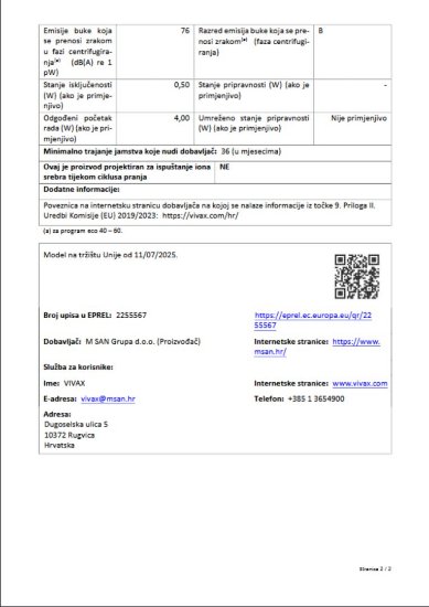 Perilica rublja VIVAX WFL-141012CI, 10 kg, 1400 o/min, energetski razred A, bijela