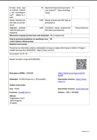 Perilica rublja VIVAX WFL-120812CI, 8 kg, 1200 o/min, energetski razred A, bijela