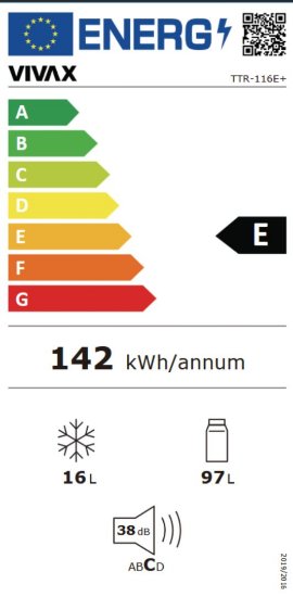 Hladnjak VIVAX TTR-116E+, 86,5cm, 97/16 l, energetski razred E, bijeli
