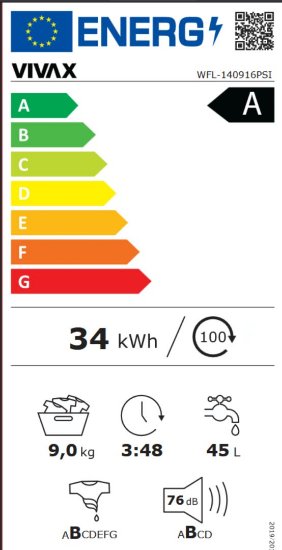 Perilica rublja VIVAX WFL-140916PSI, 9 kg, 1400 o/min, energetski razred A, bijela