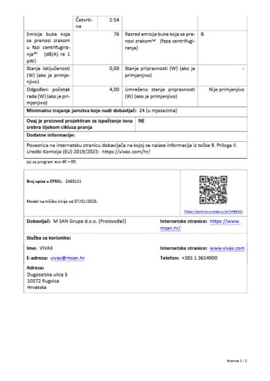 Perilica rublja VIVAX WFL-140916PSI, 9 kg, 1400 o/min, energetski razred A, bijela