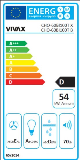 Zidna kuhinjska napa VIVAX CHO-60BI100T B, 52,5 cm, 281 m3/h, energetski razred D, bijela