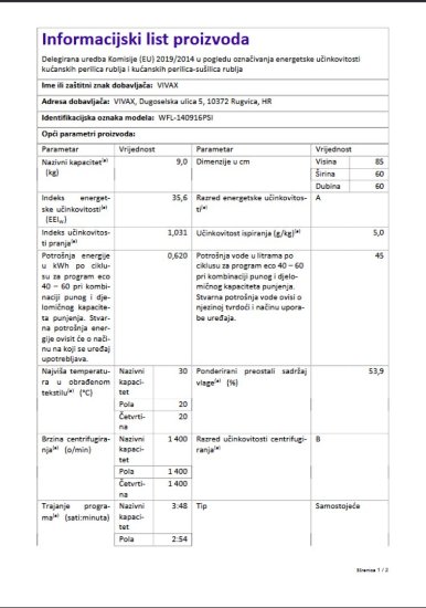Perilica rublja VIVAX WFL-140916PSI, 9 kg, 1400 o/min, energetski razred A, bijela