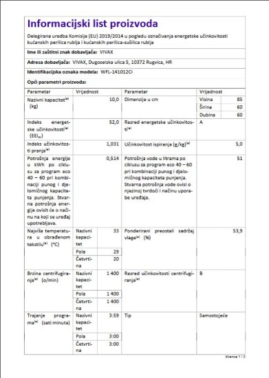 Perilica rublja VIVAX WFL-141012CI, 10 kg, 1400 o/min, energetski razred A, bijela