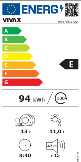 Ugradbena perilica posuđa VIVAX DWB-601372D, 13 kompleta, energetski razred E