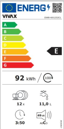 Ugradbena perilica posuđa VIVAX DWB-601252CL, 12 kompleta, energetski razred E