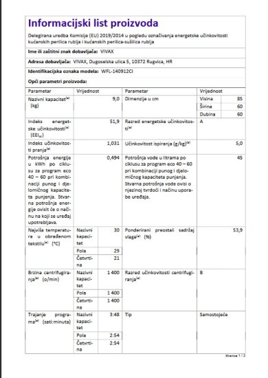 Perilica rublja VIVAX WFL-140912CI, 9 kg, 1400 o/min, energetski razred A, bijela