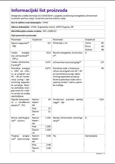 Perilica rublja VIVAX WFL-120812CI, 8 kg, 1200 o/min, energetski razred A, bijela