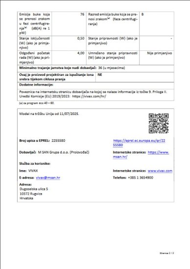 Perilica rublja VIVAX WFL-140912CI, 9 kg, 1400 o/min, energetski razred A, bijela