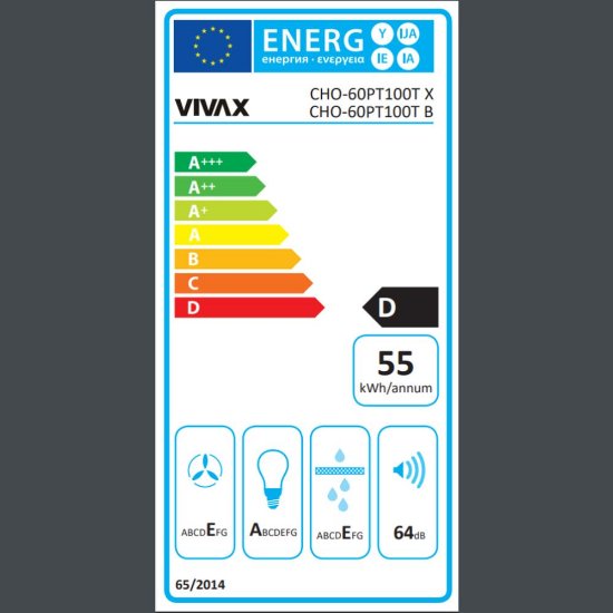 Teleskopska kuhinjska napa VIVAX CHO-60PT100T B, 60 cm, 289 m3/h, energetski razred D, crna