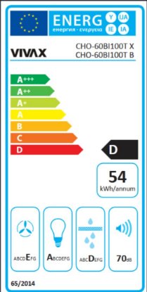Zidna kuhinjska napa VIVAX CHO-60BI100T X, 52,5 cm, 281 m3/h, energetski razred D, bijela