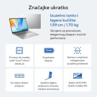 IZLOŽBENI - Laptop ASUS VivoBook S S3607CA-RP039W / Core Ultra 7 255H, 16GB, 1TB SSD, Intel HD Graphics, 16" WUXGA 144Hz IPS, Windows 11, srebrni