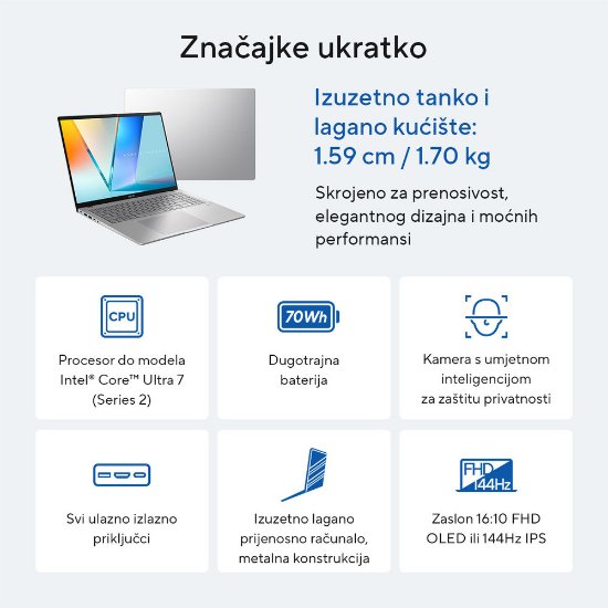 IZLOŽBENI - Laptop ASUS VivoBook S S3607CA-RP039W / Core Ultra 7 255H, 16GB, 1TB SSD, Intel HD Graphics, 16" WUXGA 144Hz IPS, Windows 11, srebrni