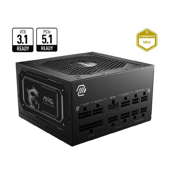MSI PSU MAG A750GL PCIE5 II, 750W 80Plus Gold, 120mm Fan Active PFC, Fully Modular, 12VHPWR, ATX 3.1, PCIe 5.1, OVP, OCP, OTP, OPP, SCP, UVP, 100-240Vac, 47Hz-63Hz Input Frequency, ATX, 7Y, Black