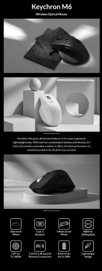 Miš KEYCHRON M6 PixArt 3311, Gaming Mouse, 12,000 DPI, 300 IPS, USB, crni