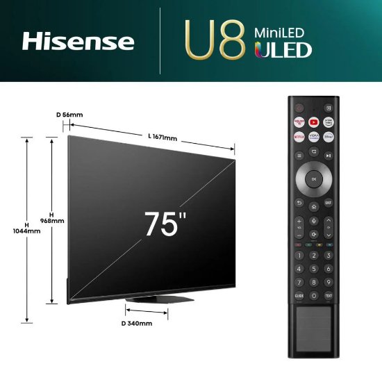 Mini-LED TV 75" HISENSE 75U8NQ, Smart TV, 4K UHD, 144Hz, DVB-T2/C/S2, HDMI, Wi-Fi, USB, LAN, energetski razred D