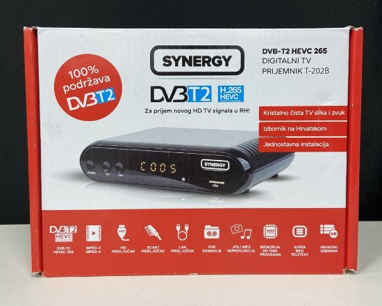 RABLJENI - TV tuner SYNERGY T-202, DVB-T2 HEVC265, SCART, LAN, HDMI, zemaljski, crni