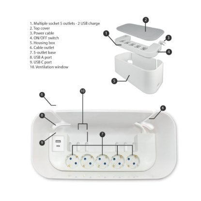 Organizator kabela s utičnicama, 5 šuko + 2 USB (A+C), 250 V, max. 16 A / 3680 W, bijeli