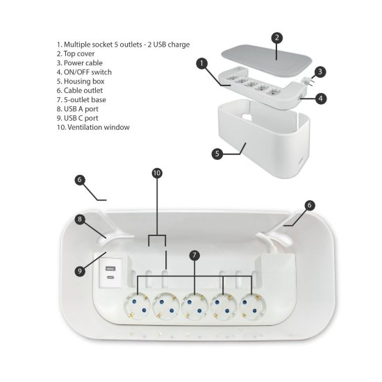 Organizator kabela s utičnicama, 5 šuko + 2 USB (A+C), 250 V, max. 16 A / 3680 W, bijeli