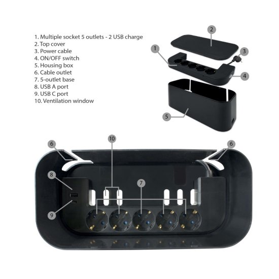 Organizator kabela s utičnicama, 5 šuko + 2 USB (A+C), 250 V~, max. 16 A / 3680 W, crni