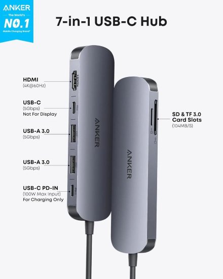 USB HUB ANKER, USB-C 7-u-1, 2x USB-A, 2x USB-C, SD,micro, SD, HDMI