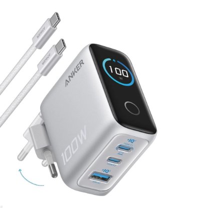 Kućni punjač ANKER KP GaN, 100W, 2x USB-C, USB-A, Kabel C-C, sreberni