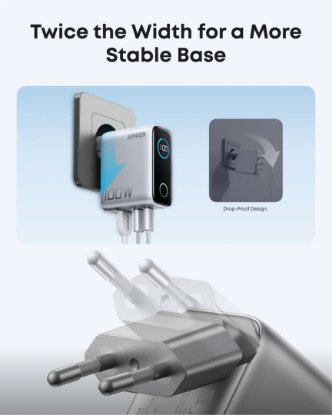Kućni punjač ANKER KP GaN, 100W, 2x USB-C, USB-A, Kabel C-C, sreberni